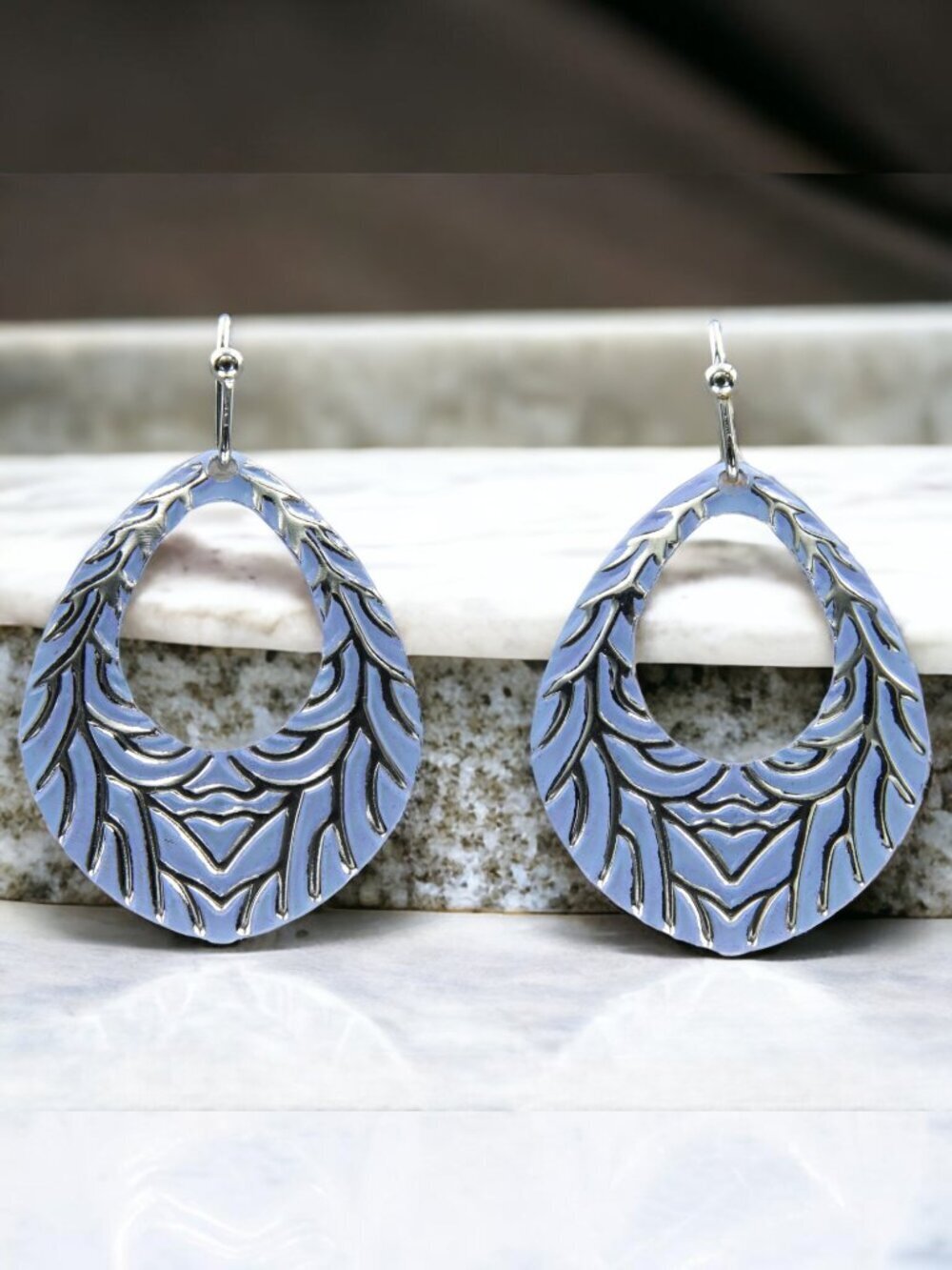 Blue Feather Teardrop Drop Earrings | Silver Tone - Picture 3 of 6